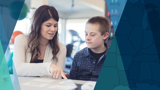 In a photo at center, a female speech therapist works with an elementary-school-age boy in a clinic setting. To the left and right of the image is an overlay or border, tinted in navy blue, medium blue, and teal, showing details from the Minneapolis Fed's Occupational Licensing Dashboard.
