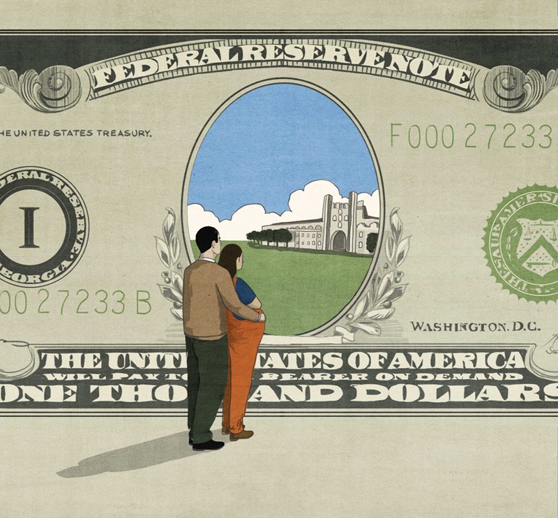 Illustration of pregnant couple standing in from of a dollar bill, looking at a university in the distance