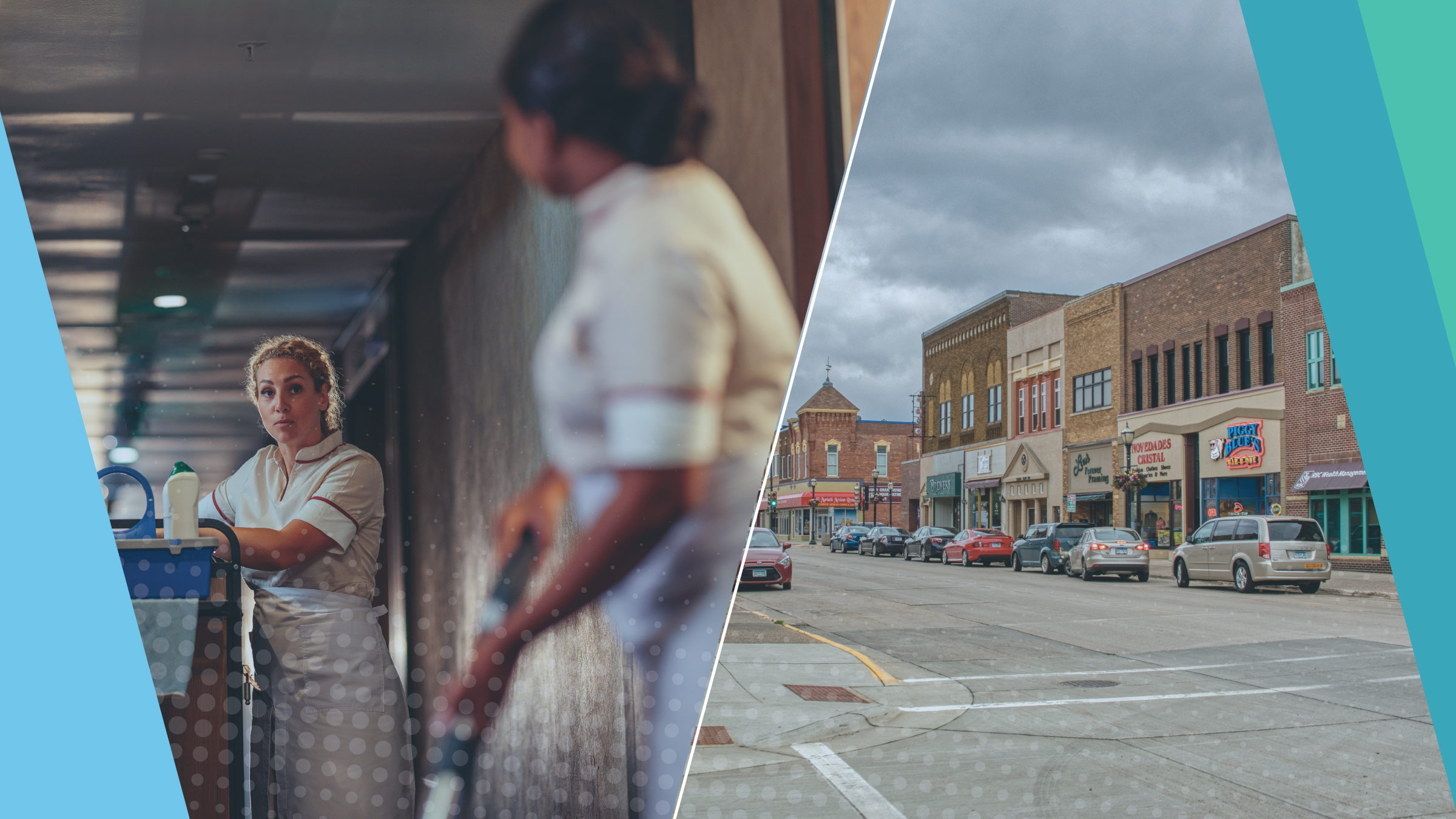 Photo collage with housekeepers on the left and a small town's main street on the right