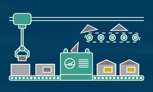 Illustration of houses being manufactured on an assebly line