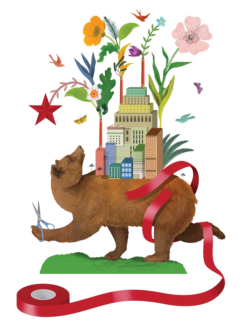 Illustration of California bear with booming economy