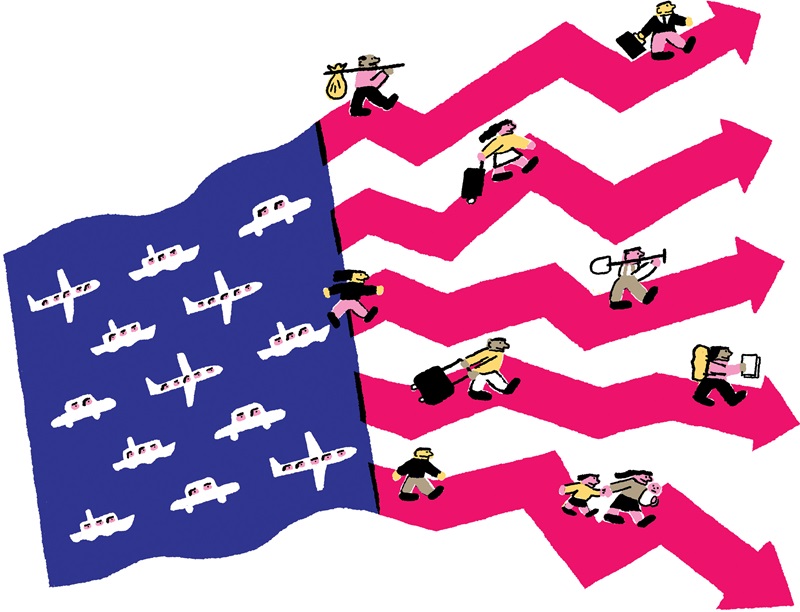 Illustration of American flag with immigrant workers exiting various types of vehicles