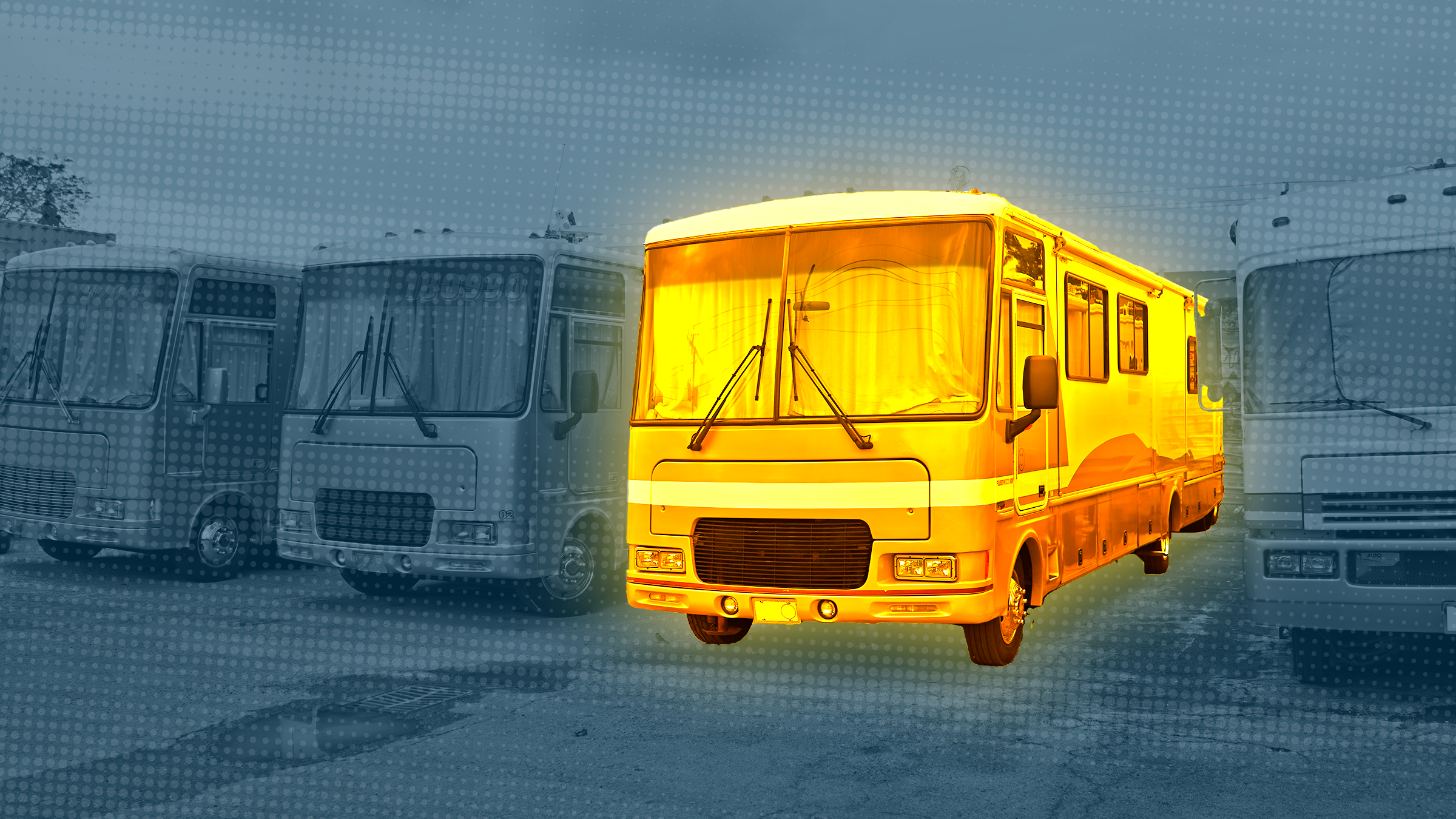 golden RV in a line of RVs