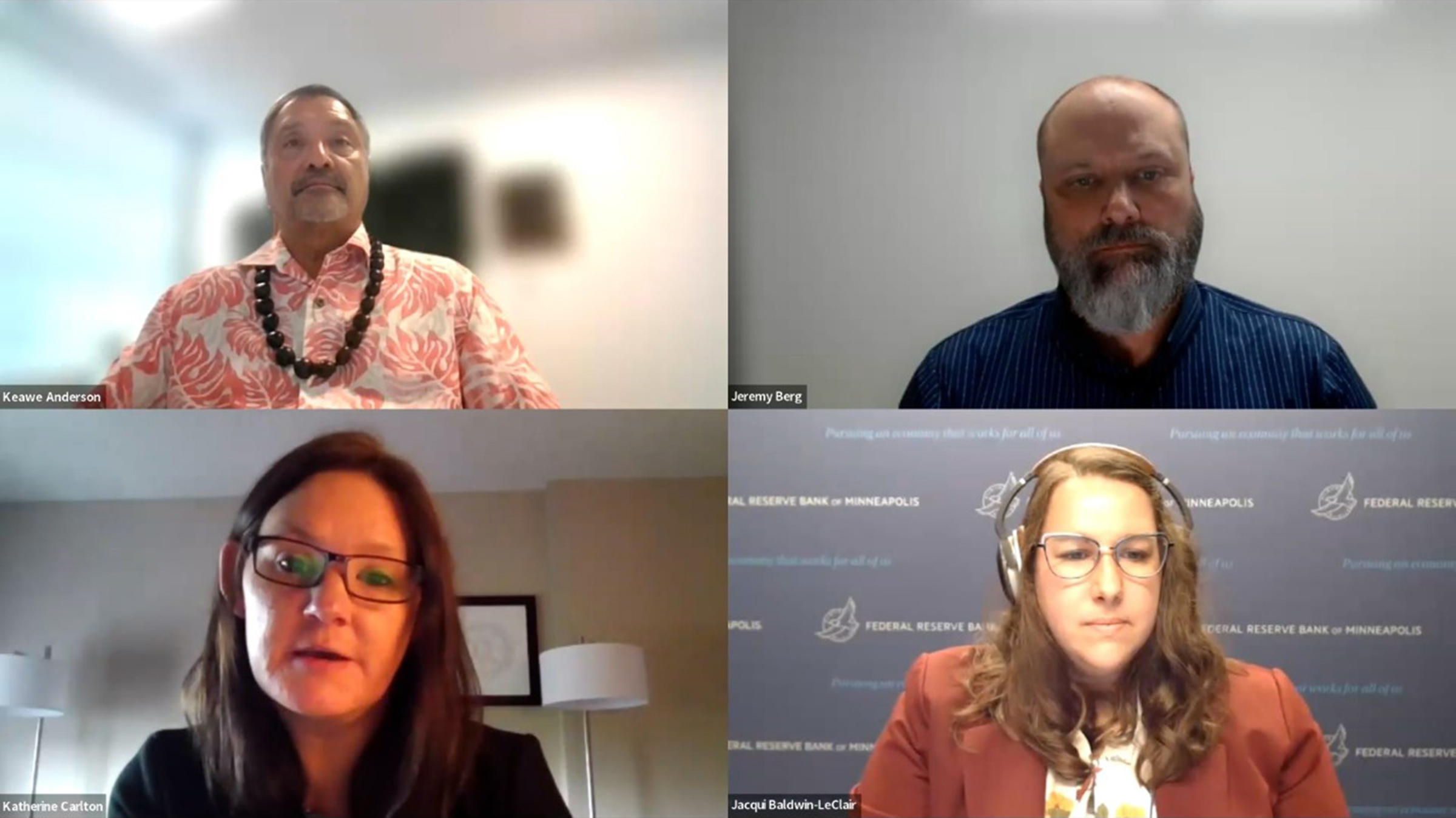 A composite image of four of the speakers from the Center for Indian Country Development's (CICD's) “Opportunities and Barriers in Native Federal Contracting” webinar on June 21, 2023. Top row: Michael “Keawe” Anderson (Nakupuna Companies) and Jeremy Berg (Bodwé Professional Services). Bottom row: Katherine Carlton (Chugach Alaska Corporation) and Jacqui Baldwin-LeClair (moderator, CICD).
