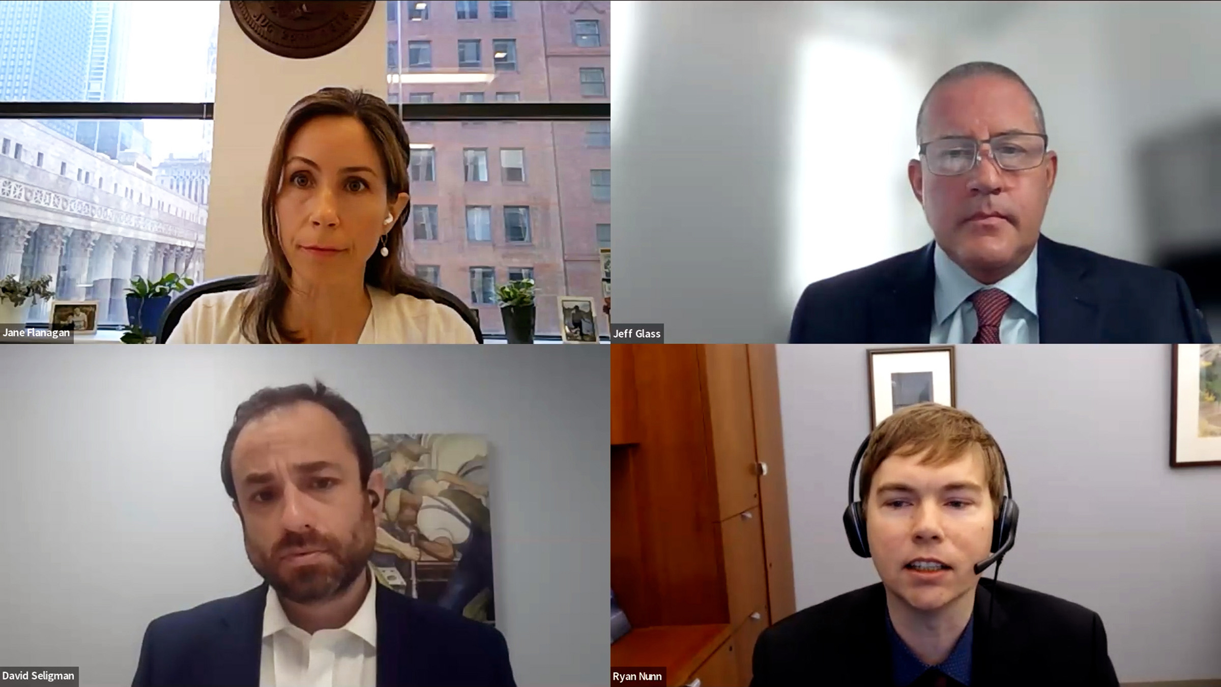 A collage of four photos, laid out in a grid, showing four June 22 event speakers in their respective locations: panelists Jane Flanagan of the Illinois Department of Labor, Jeff Glass of Amundsen Davis, and David Seligman of Towards Justice; and moderator Ryan Nunn.of the Minneapolis Fed.