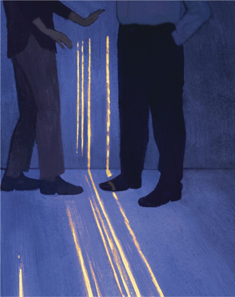 Illustration of two coworkers' feet during an interaction