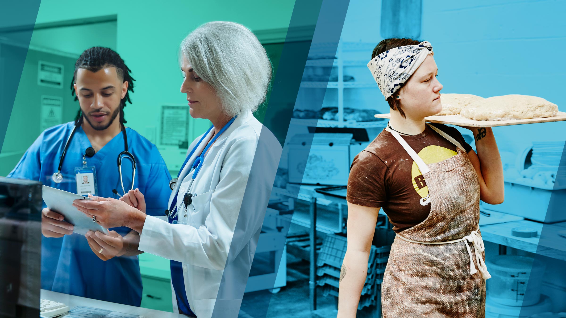 Medical staff are reviewing charts on the left and a baker carries a tray of dough on the right.