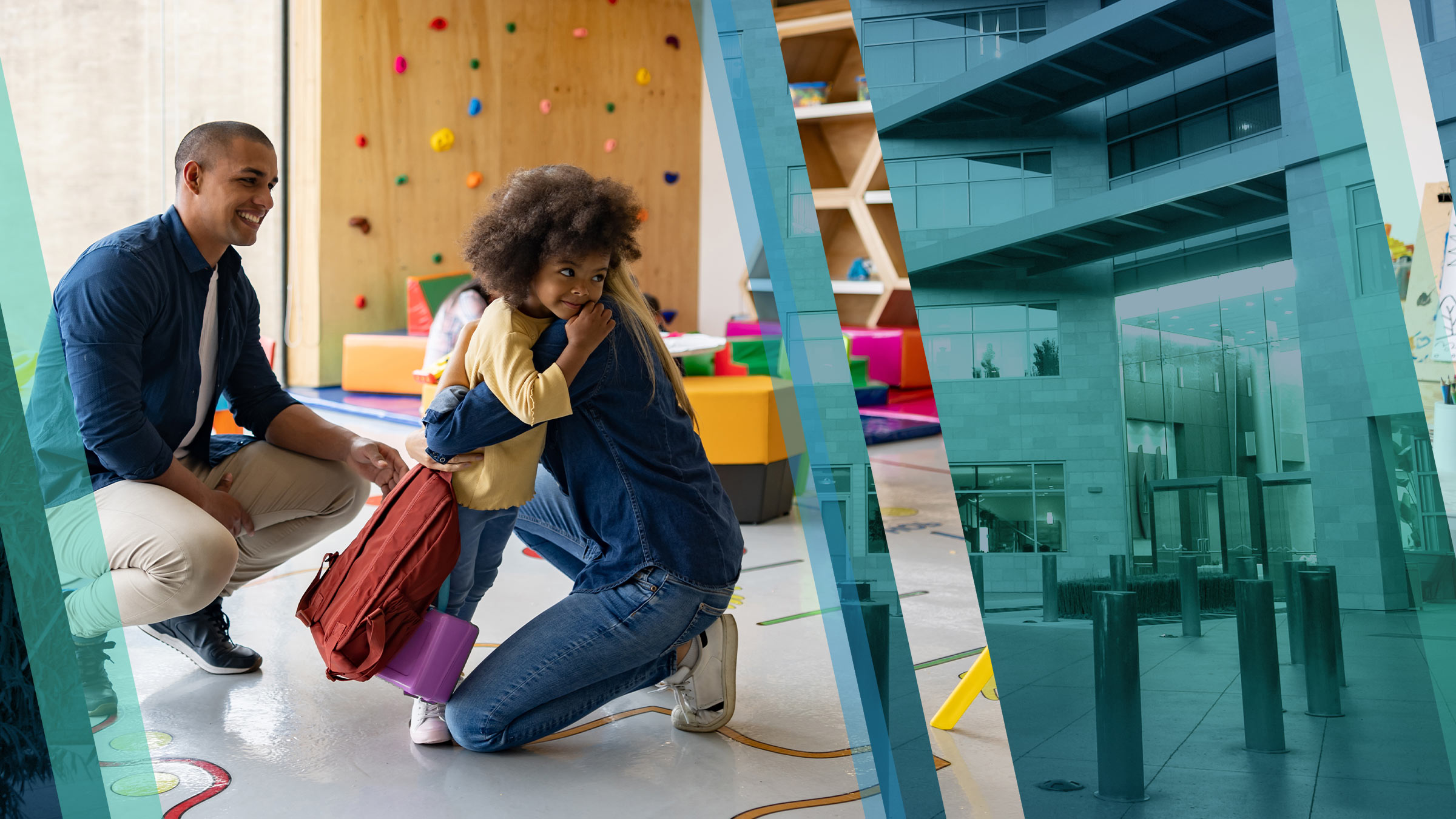 A parent dropping off their child at their office's child care center