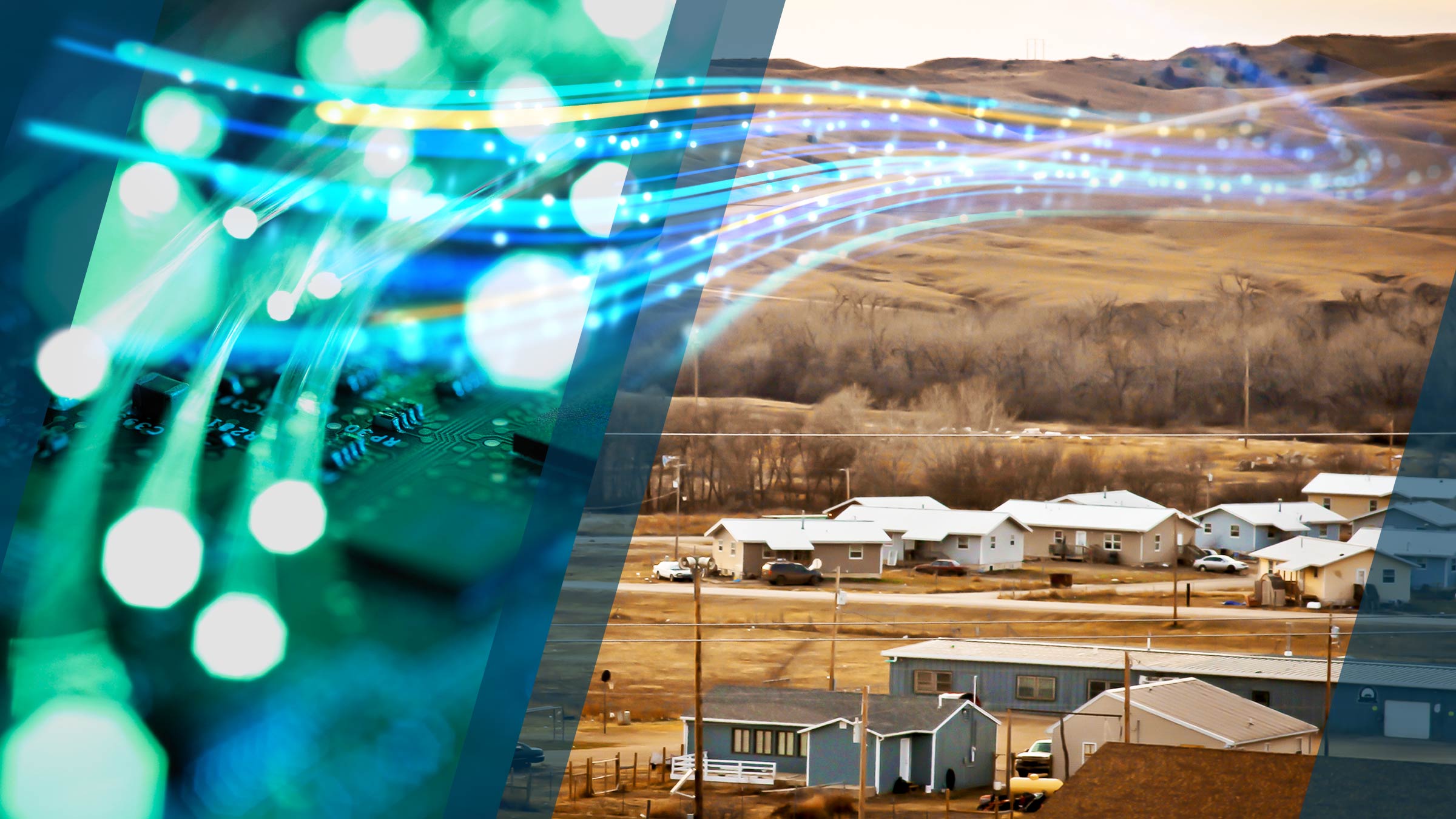 A neighborhood on the Cheyenne River Sioux Reservation in South Dakota is seen from a distance on a cloudy day in late autumn. Overlaying the Cheyenne River photo are images representing a computer circuit board, fiber optic components, and beams of data traveling through a wireless network.