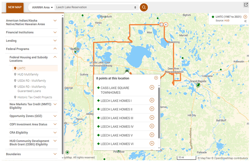 A sample screenshot from the Tribal Economic Zones data tool showing a map and some detailed information about Low Income Housing Tax Credit projects on the Leech Lake Reservation.