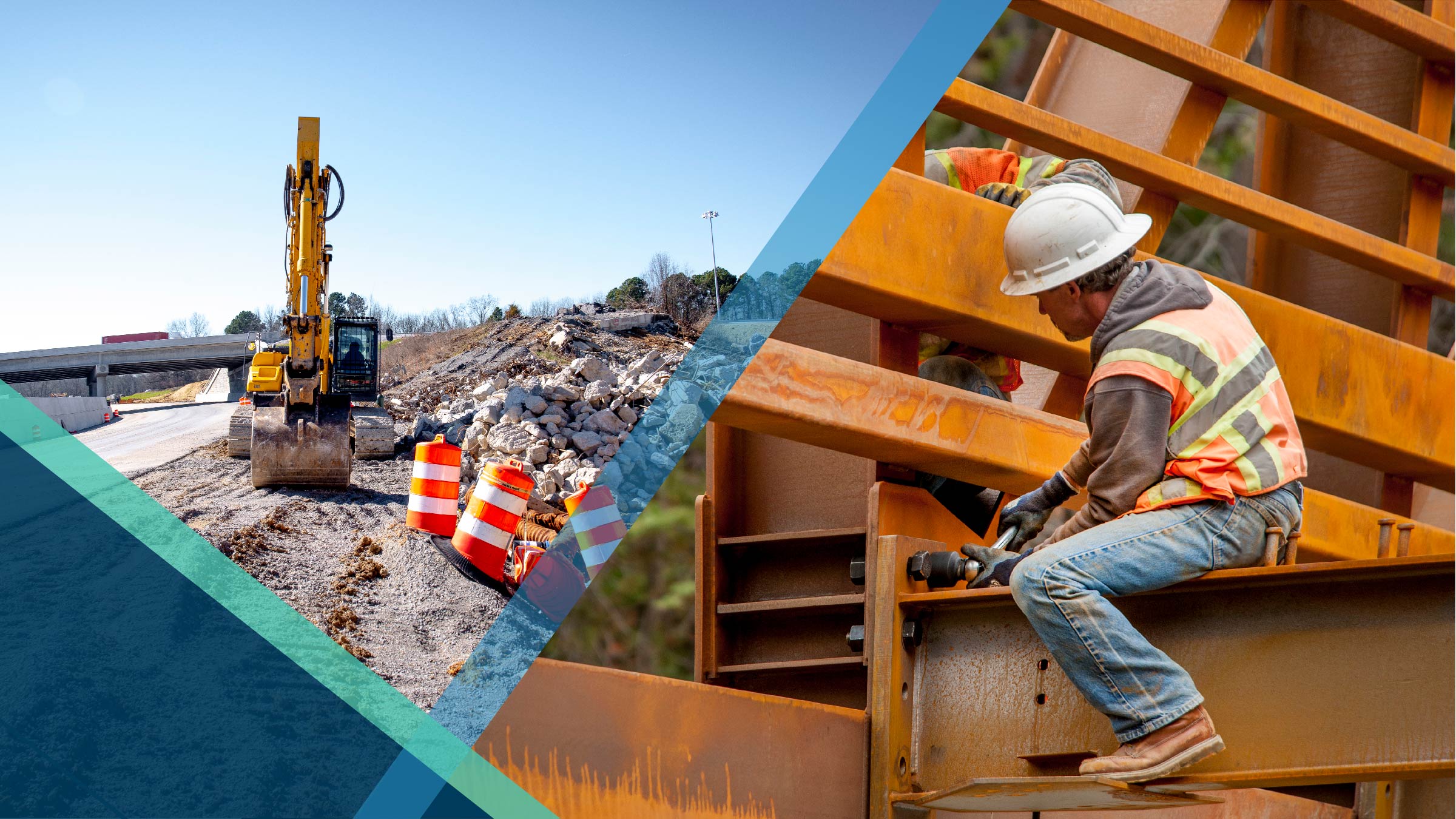 image of construction machinery next to an image of a construction worker