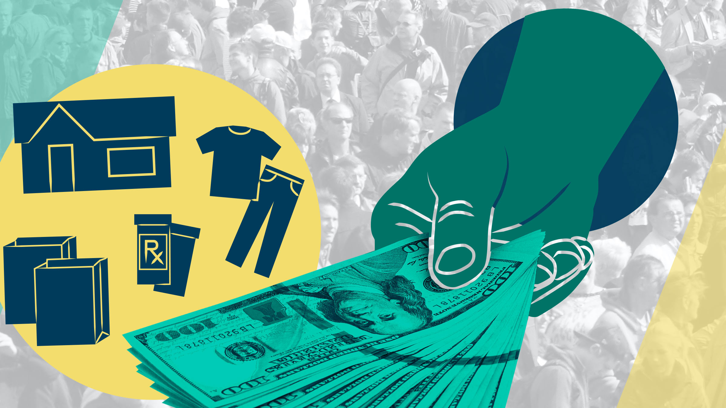 Collage illustrating a large hand distributing money to a large population of people to support their basic needs