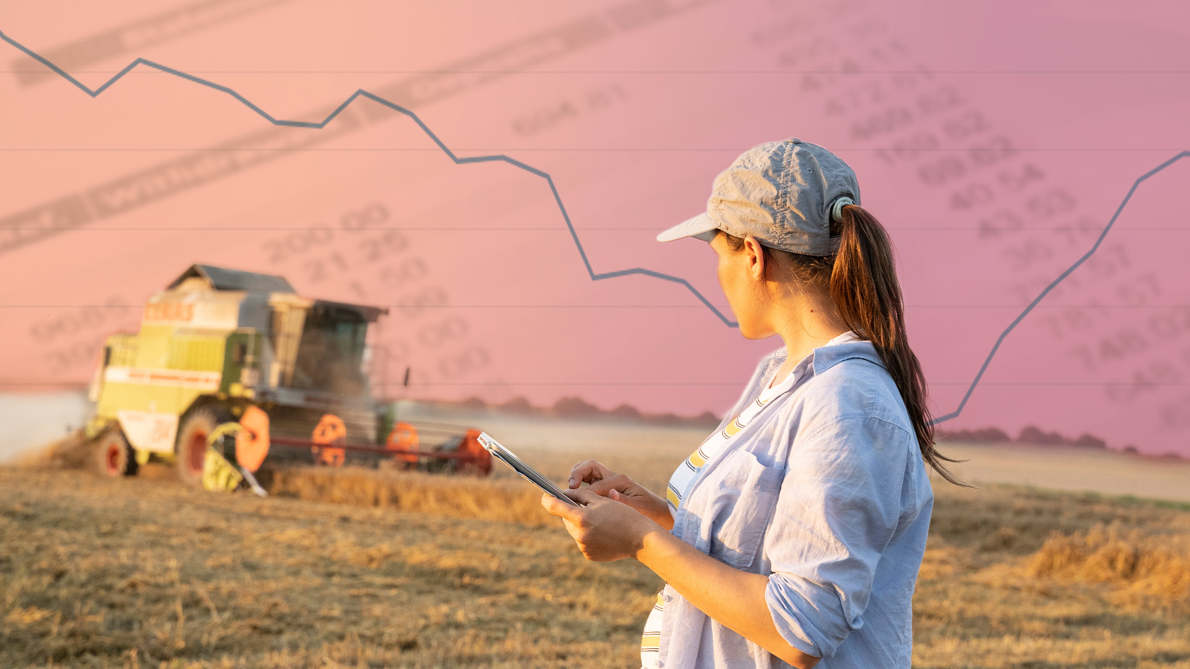 A farmer standing in a field checking a loan balance, with an interest rate chart and balance sheet superimposed in the sky above