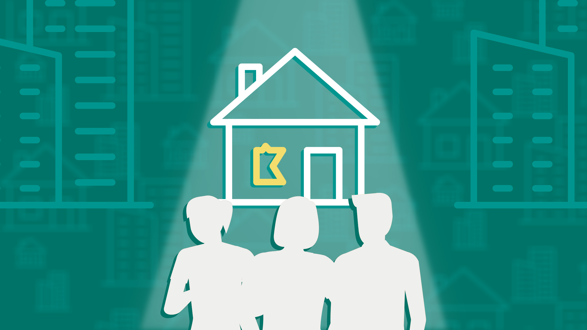 Silloutte of people standing in a spotlight infront of a house that represents working from home