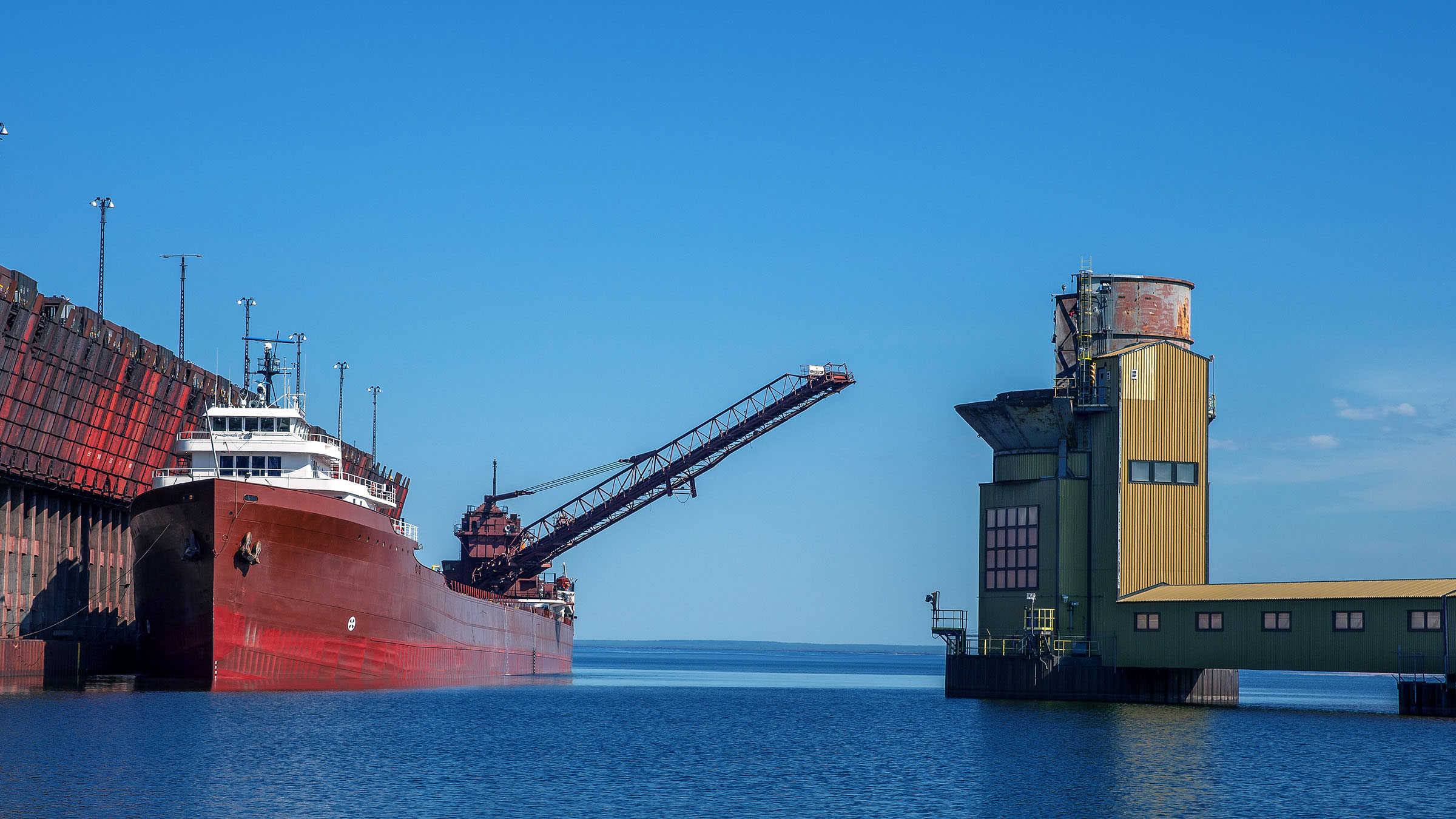 Great lakes freighter at an ore dock on Lake Superior
