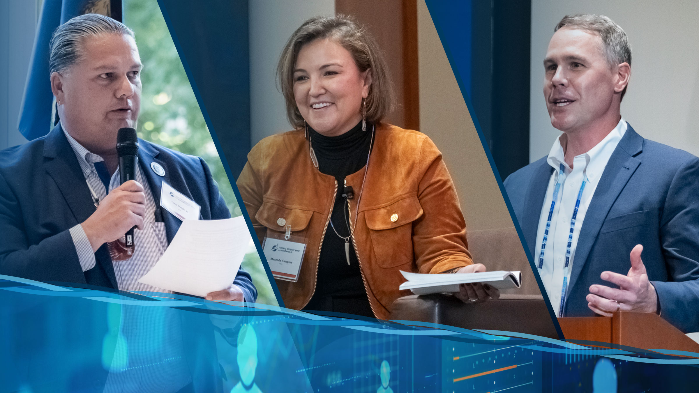 This image is a collage of photos of three individuals speaking at the Center for Indian Country Development's (CICD's) 10th Anniversary and Data Summit event on October 8–9, 2025. Pictured from left to right are Larry Wright Jr., Executive Director of the National Congress of American Indians; Maranda Compton, founder and president of Lepwe, Inc.; and Casey Lozar, vice president and the director of CICD at the Federal Reserve Bank of Minneapolis.