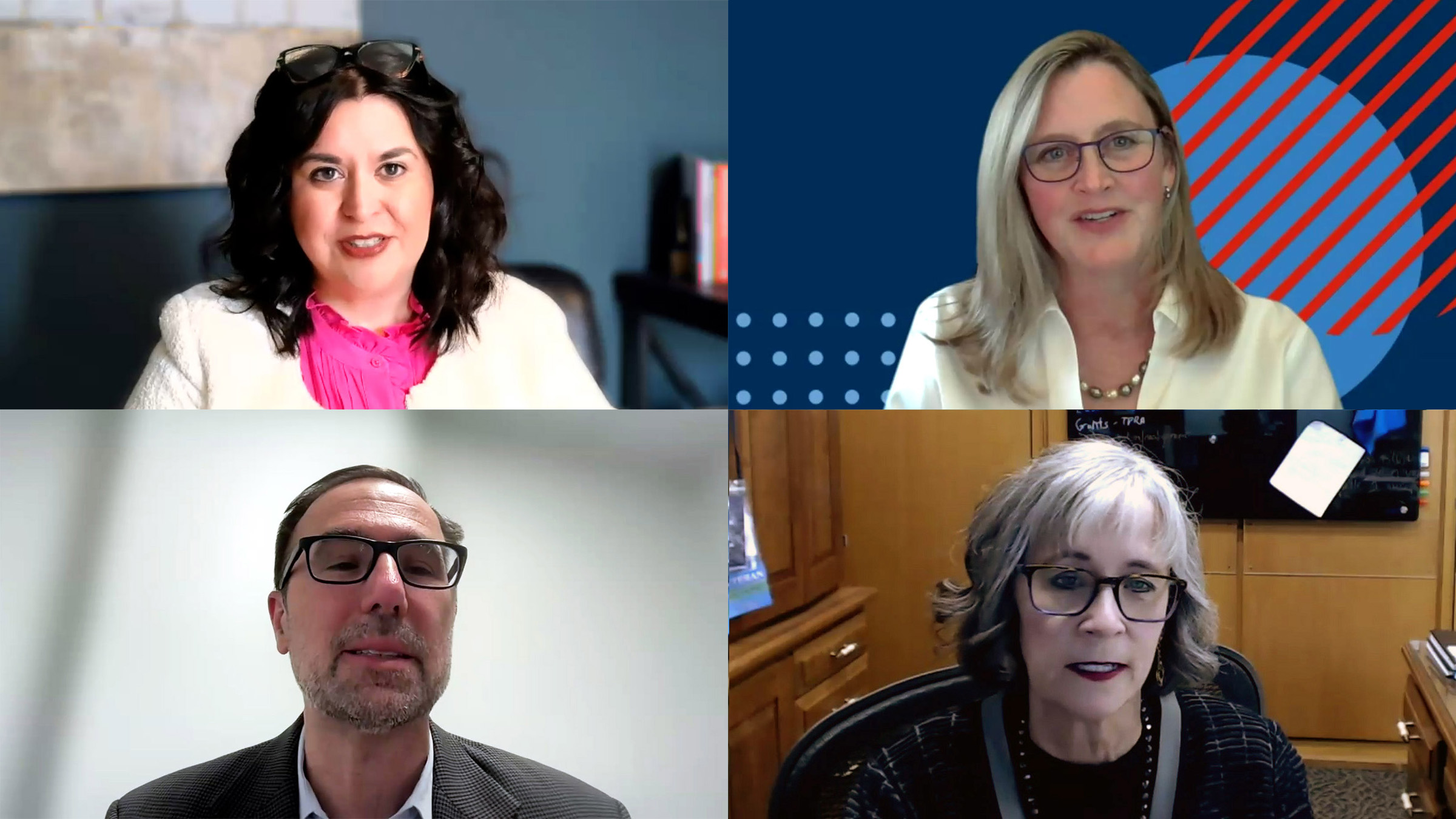 Video stills of the four speakers from the Federal Reserve Bank of Minneapolis' April 9, 2025, webinar titled "Understanding Access to Unemployment Insurance" are arranged in a two-by-two grid. Appearing clockwise from the upper left are Julia Dale of Civilla; Jennifer Phillips of the Beeck Center for Social Impact and Innovation, Georgetown University; Beth Townsend of Iowa Workforce Development; and Andrew Stettner of The Century Foundation.