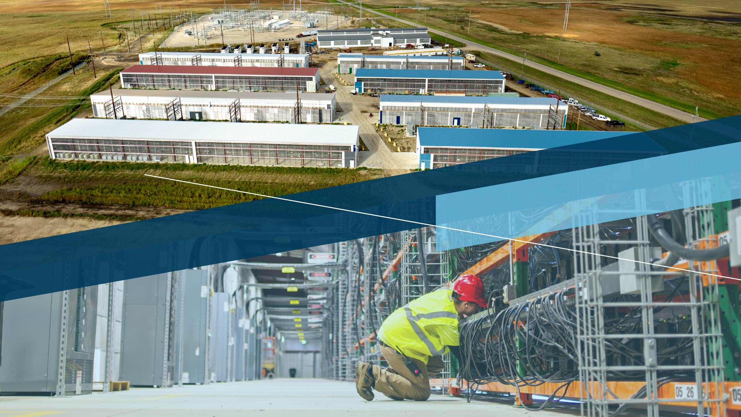 Top image: Aerial view of data center in Stutsman County, North Dakota; Bottom image: A technician on racks of equipment in a data center located in Stutsman County, North Dakota