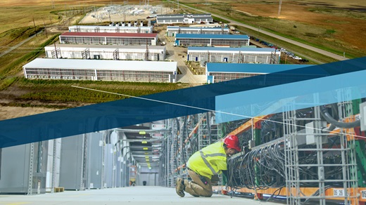 Top image: Aerial view of data center in Stutsman County, North Dakota; Bottom image: A technician on racks of equipment in a data center located in Stutsman County, North Dakota