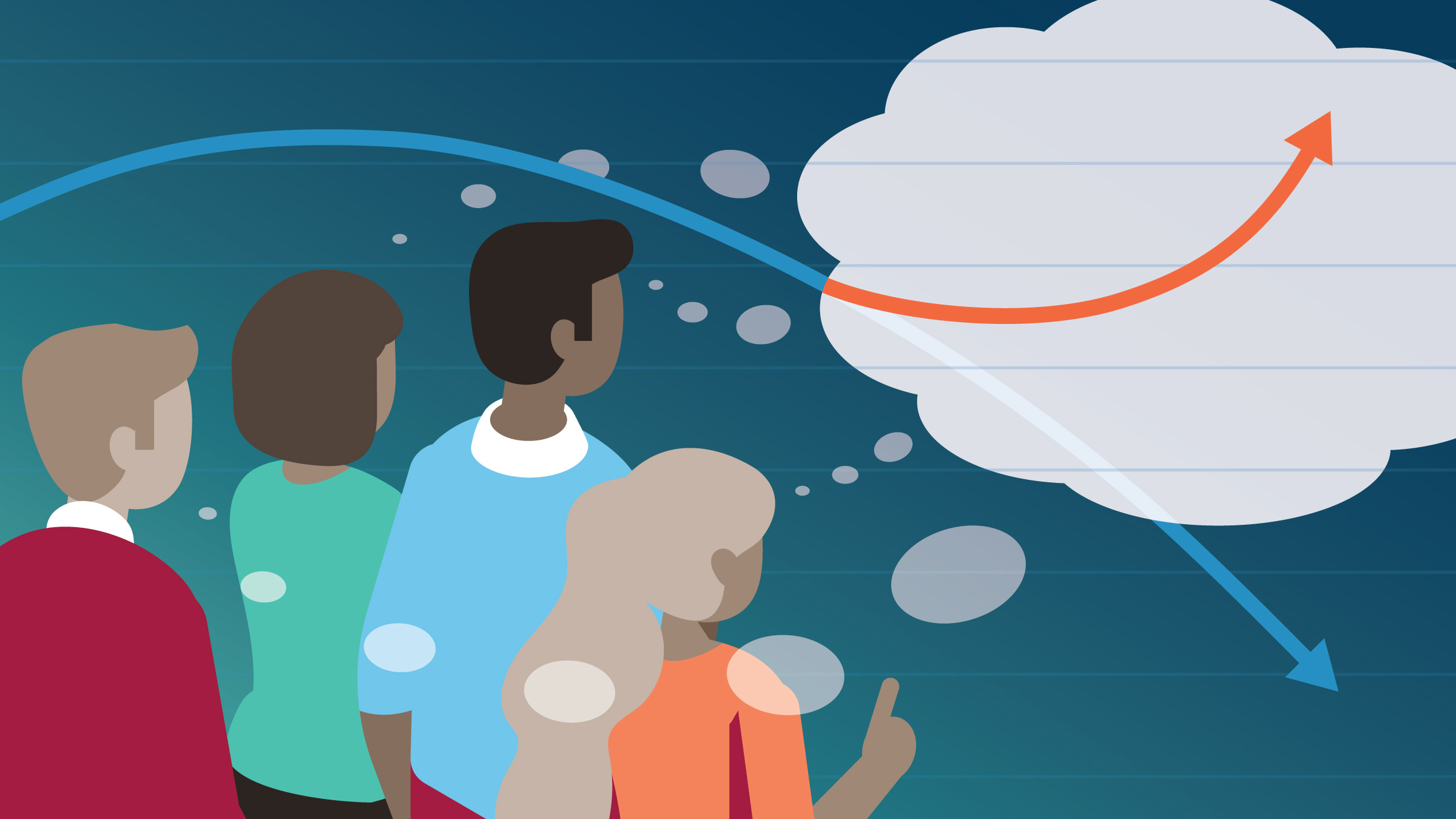 A group of people sharing a though bubble showing an upward graph