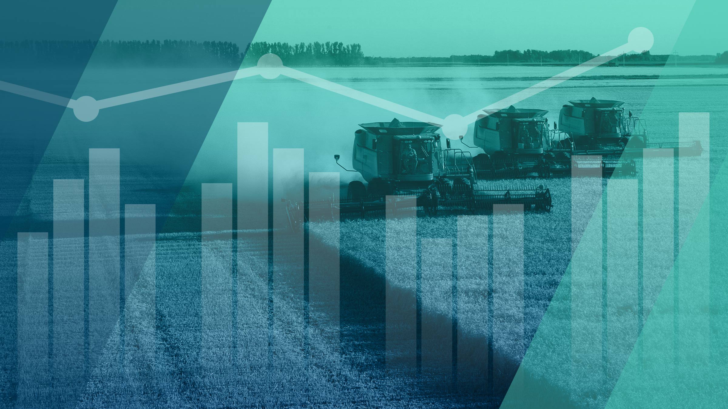 Chart and graph imagery superimposed over a navy and teal filtered image of three harvesters harvesting a wheat field