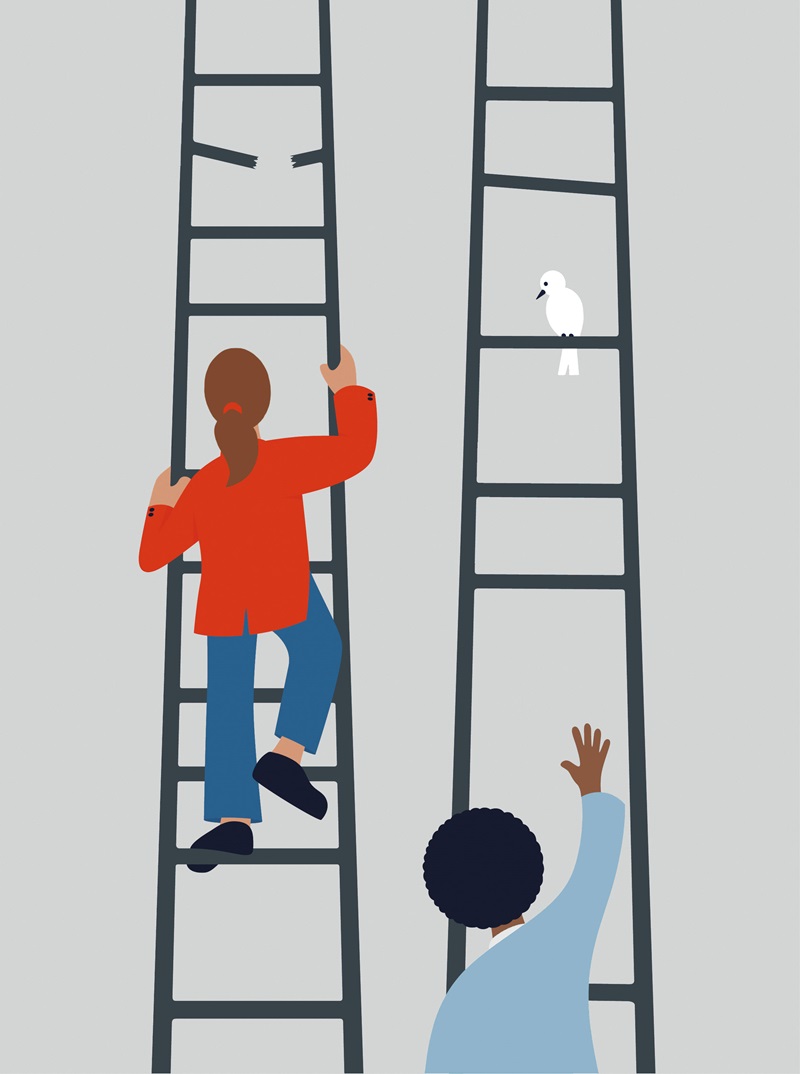 Illustration of people climbing ladders
