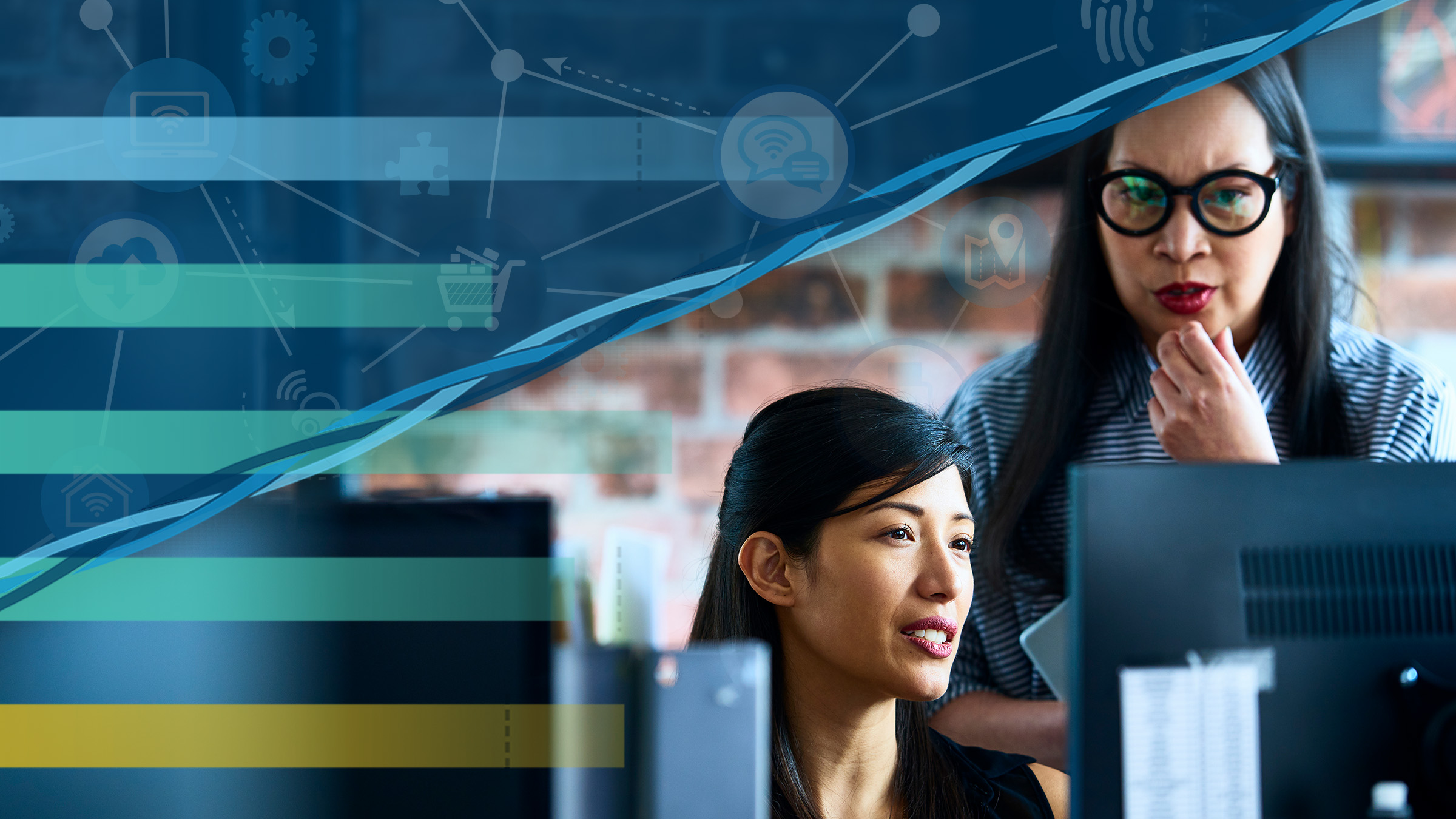 Decoractive key featuring women studying data