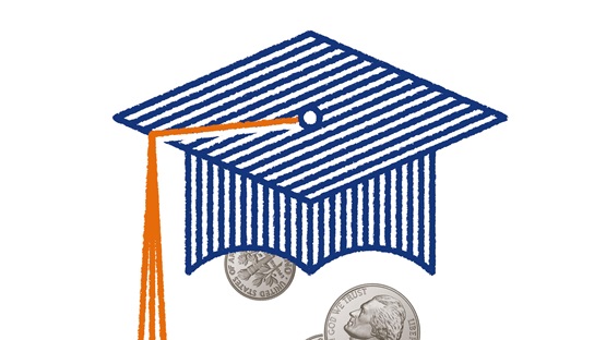 illustration of graduation cap with coins below
