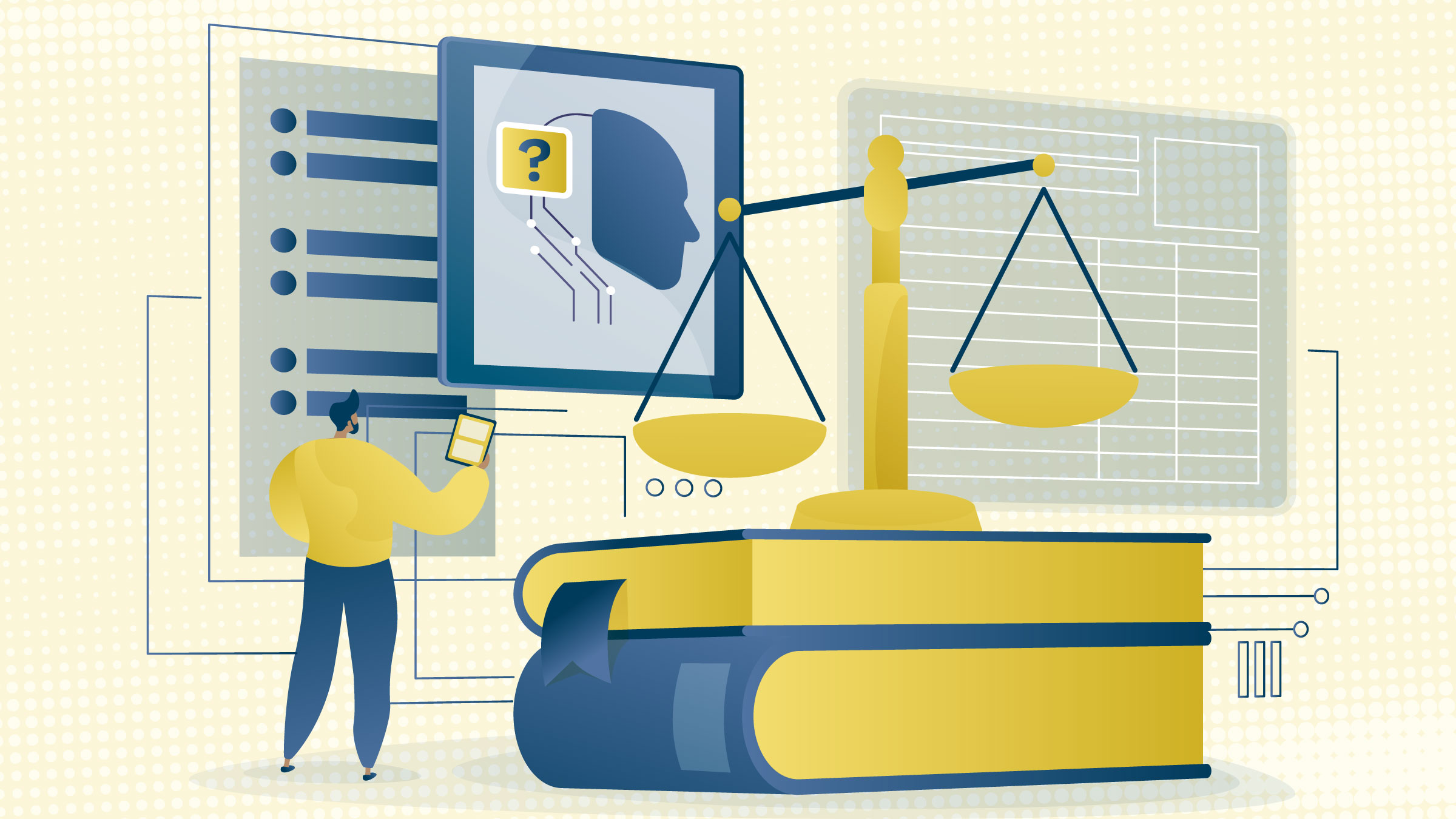 A judicial scale sits on a two stacked books while a person observes algorithm data