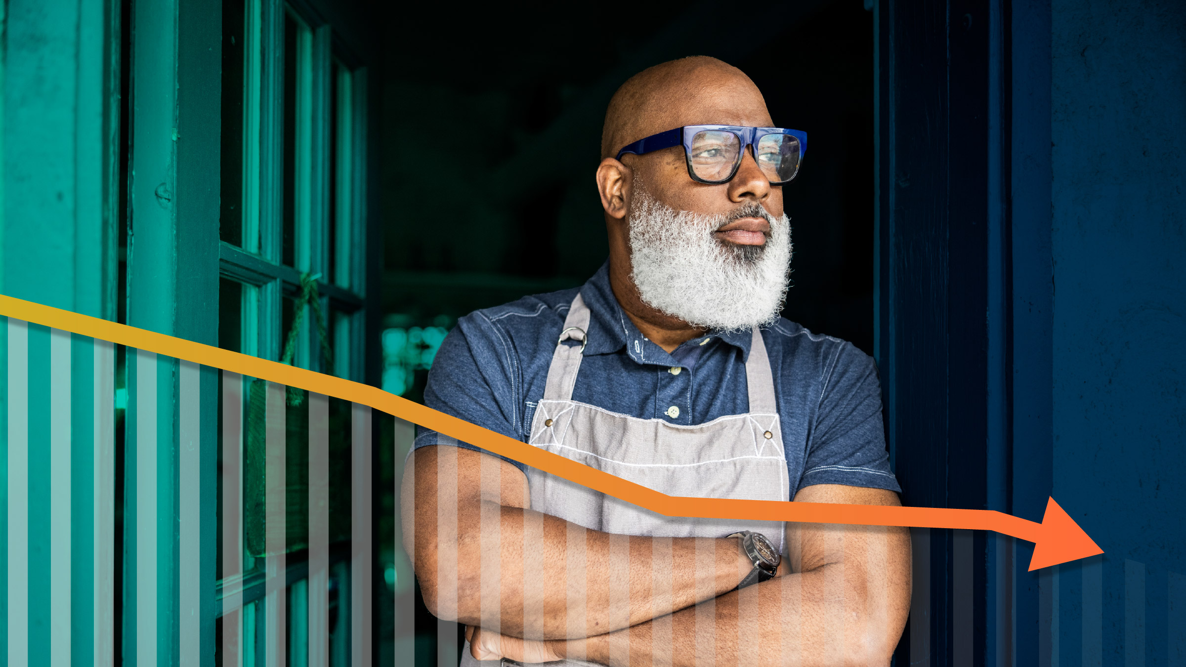 Business owner standing in a doorway, looking to his left, with a line chart trending downwards overlaying the image.