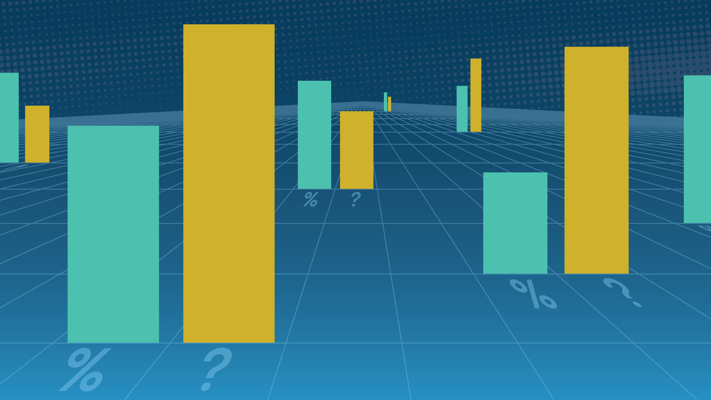 Data columns labeled with percentage symbols and question marks dispersed through depth of space