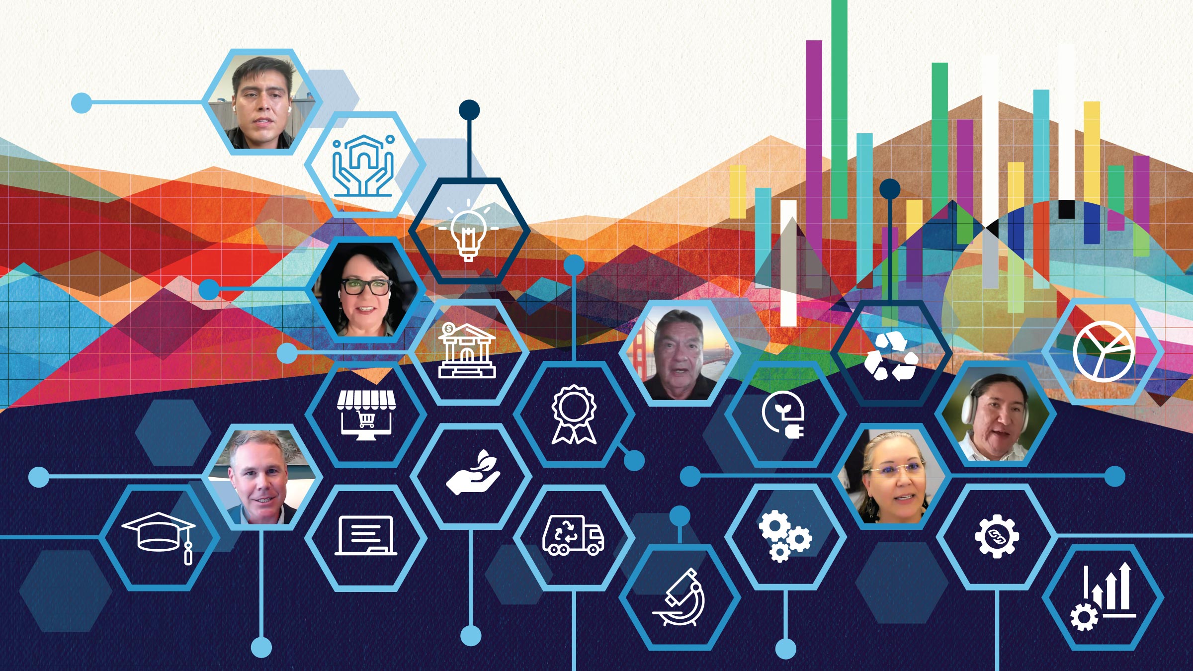 Colorful stylized graphic landscape with vibrant charts and technology-related elements layered on top. Image features an interconnected lattice of hexagon shapes, six of which frame photos of individuals as they spoke at the Minneapolis Fed's 2026 Center for Indian Country Data Summit. The six speakers are Michelle Beaudin, Lac Courte Oreilles Band of Lake Superior Chippewa; Zechariah Harjo, Muscogee (Creek) Nation; Mike Lettig, Huntington Bank; Casey Lozar, Federal Reserve Bank of Minneapolis; Traci Morris, Arizona State University; and Michael Running Wolf, First Languages AI Reality.