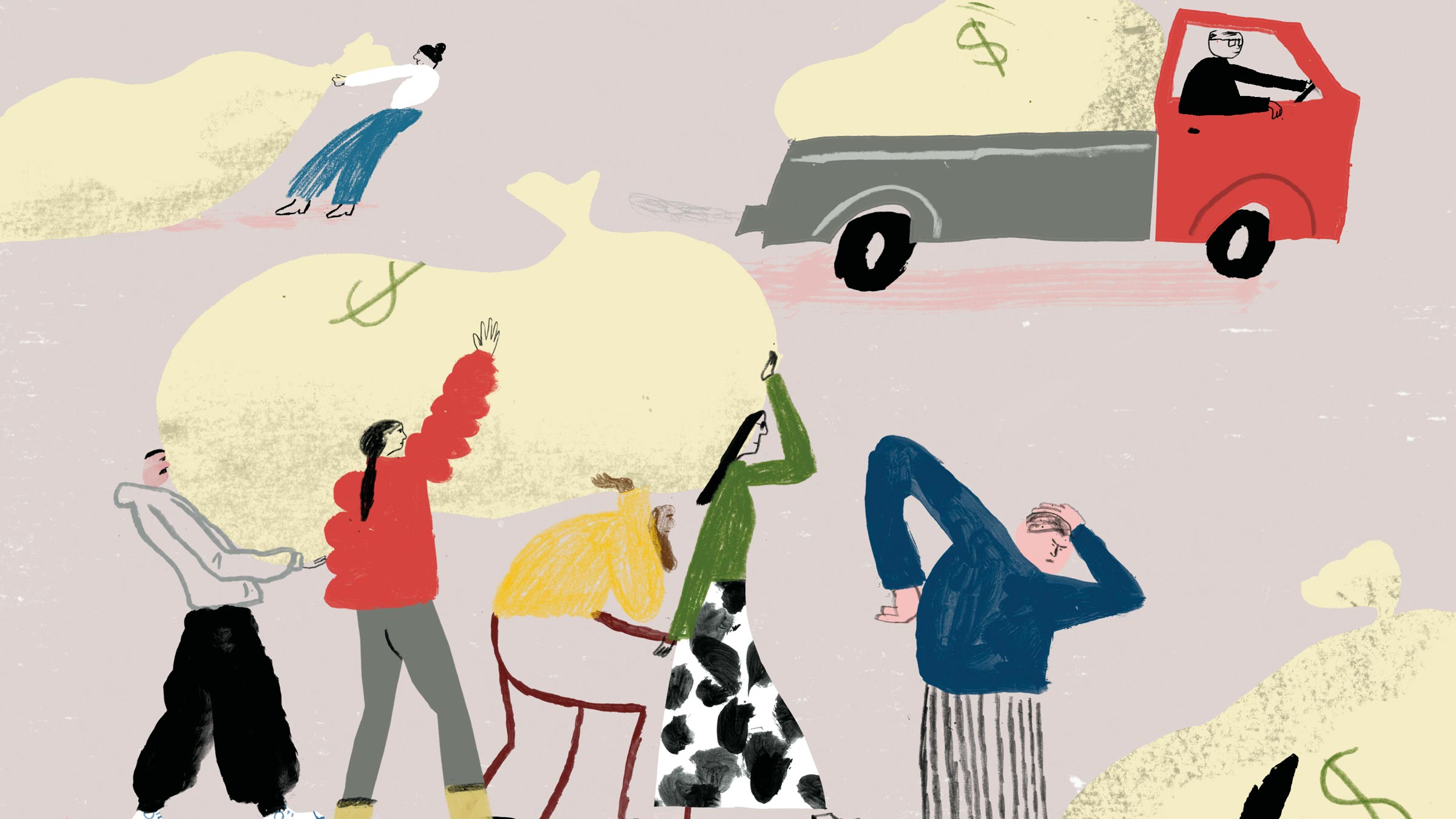 Illustration of people dragging heavy bags of money