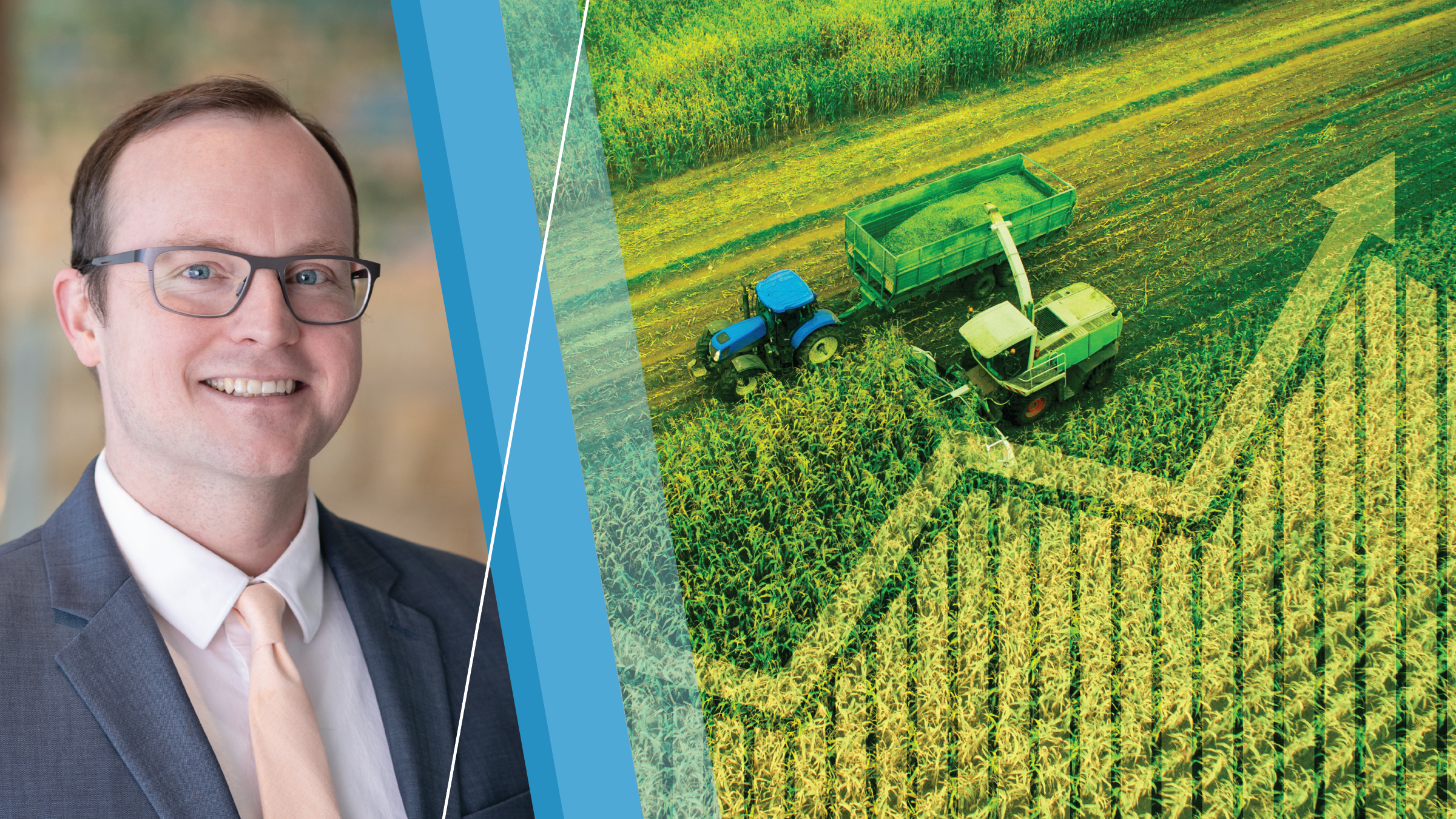 Joe Mahon portrait next to harvesters at work