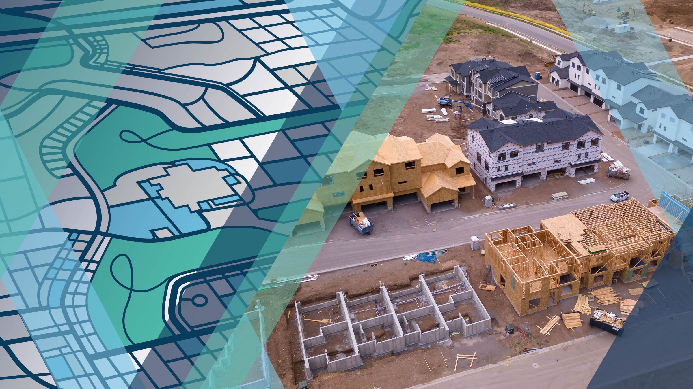 side-by-side images of a map graphic and an overhead view of a new housing development under construction
