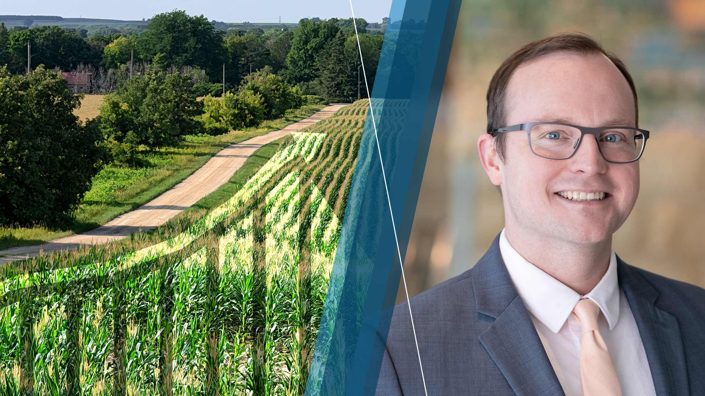 Photo collage featuring a farmed field with an inflation graph overlaid on the left and a portrait of Joe Mahon on the right.