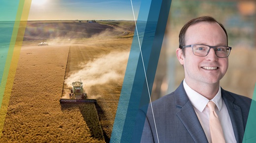 An image of harvesters harvesting a wheat field beside an image of Joe Mahon