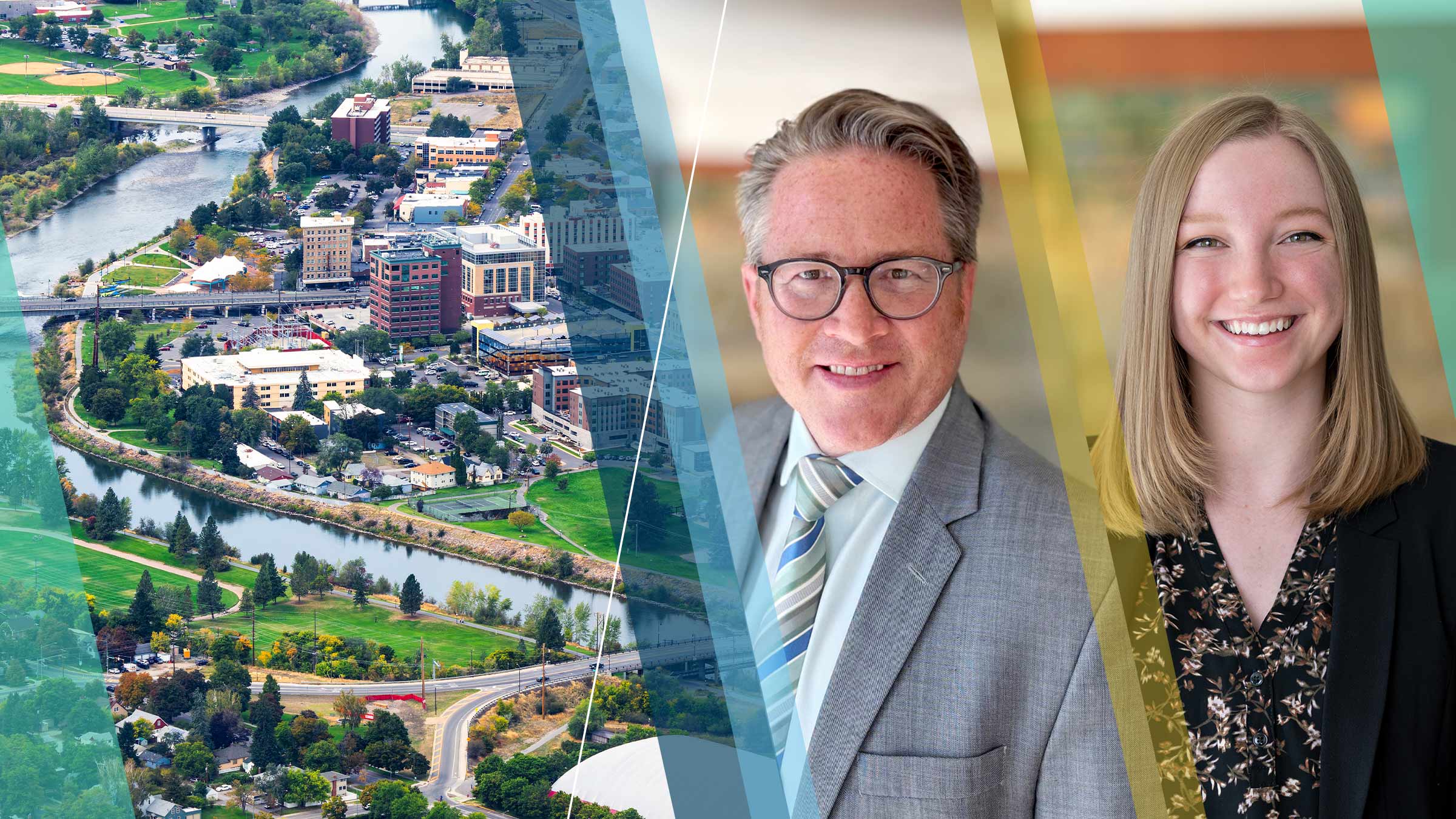 Aerial view of Missoula MT beside portraits of Ron Wirtz and Haley Chinander