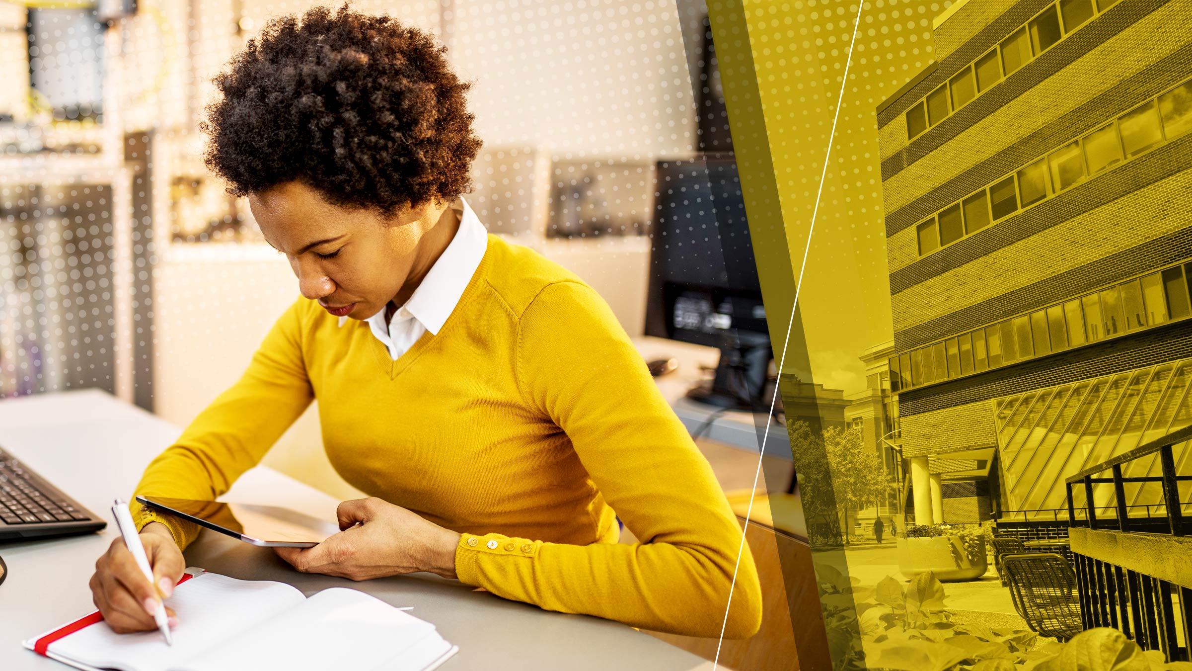 Collage image with a female researcher taking notes on the left side and an academic building image on the right