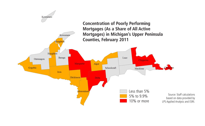 Concentration of Poorly Performing Mortgages in Michigan's UP Counties, February 2011