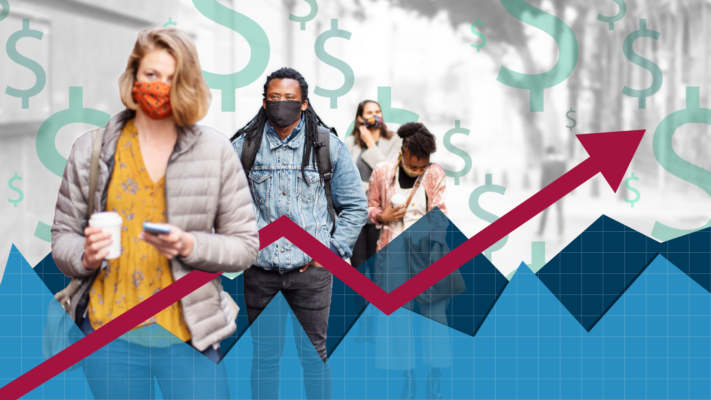 People standing inline intertwined with a graph representing inflation