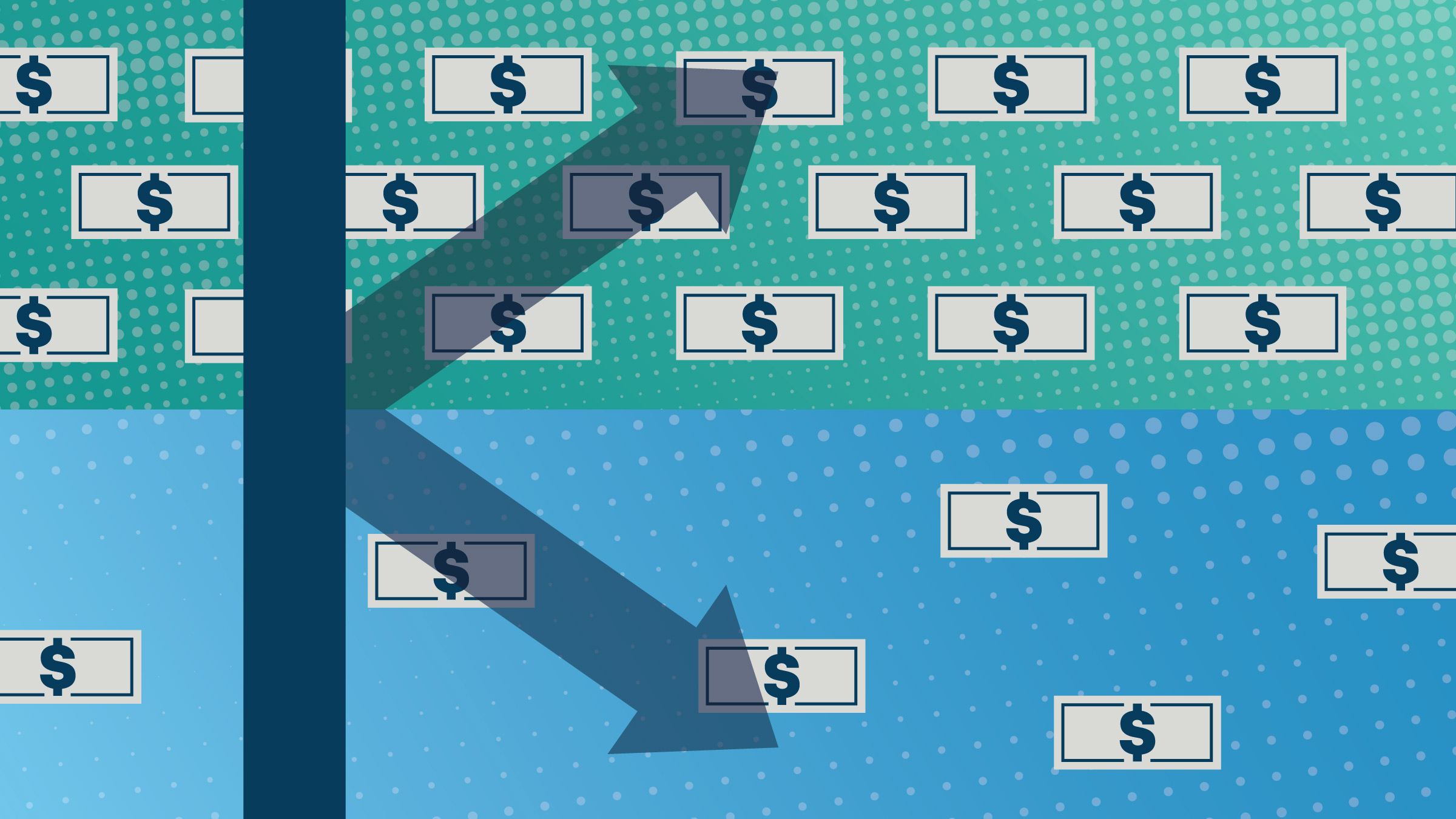 Chart with K-shaped trend lines, with many dollar bills in the top half on a green background and fewer dollars in the bottom half on a blue background