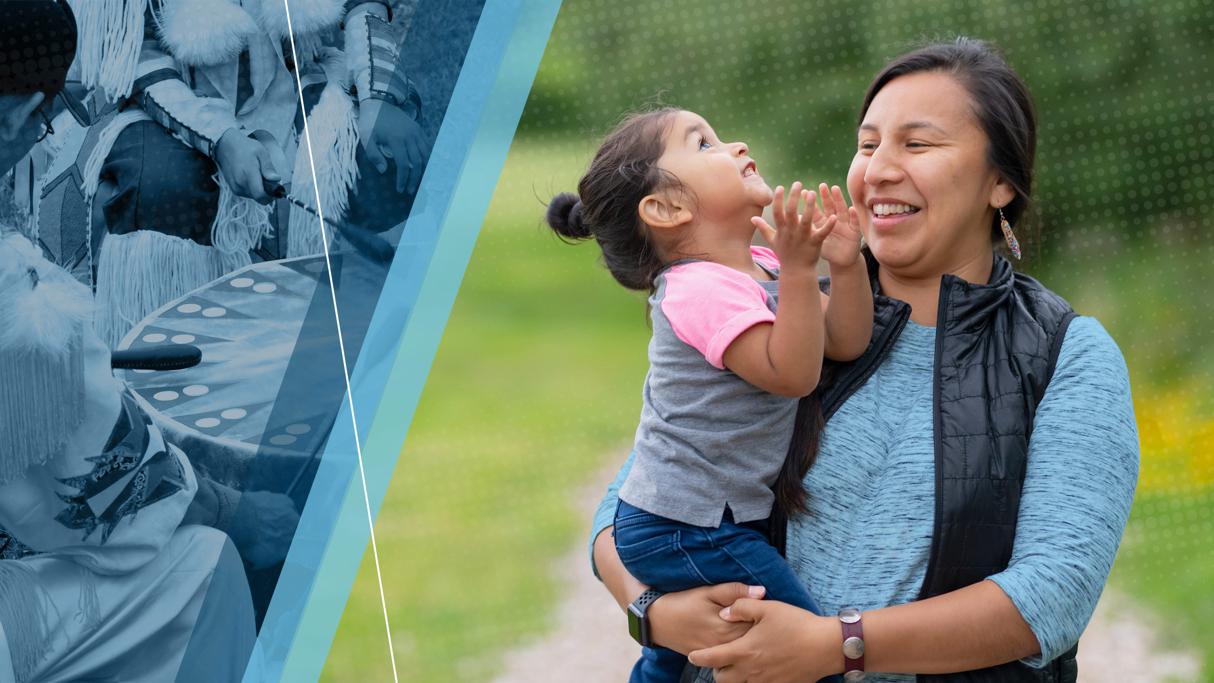 Collage image featuring a Native mother and child on the right side and a drum circle on the left
