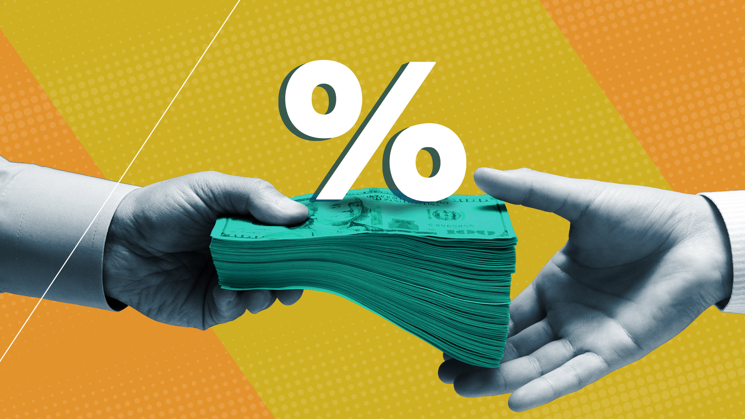 A hand on the left passes a wad of cash with a percent symbol hovering above to a hand on the right