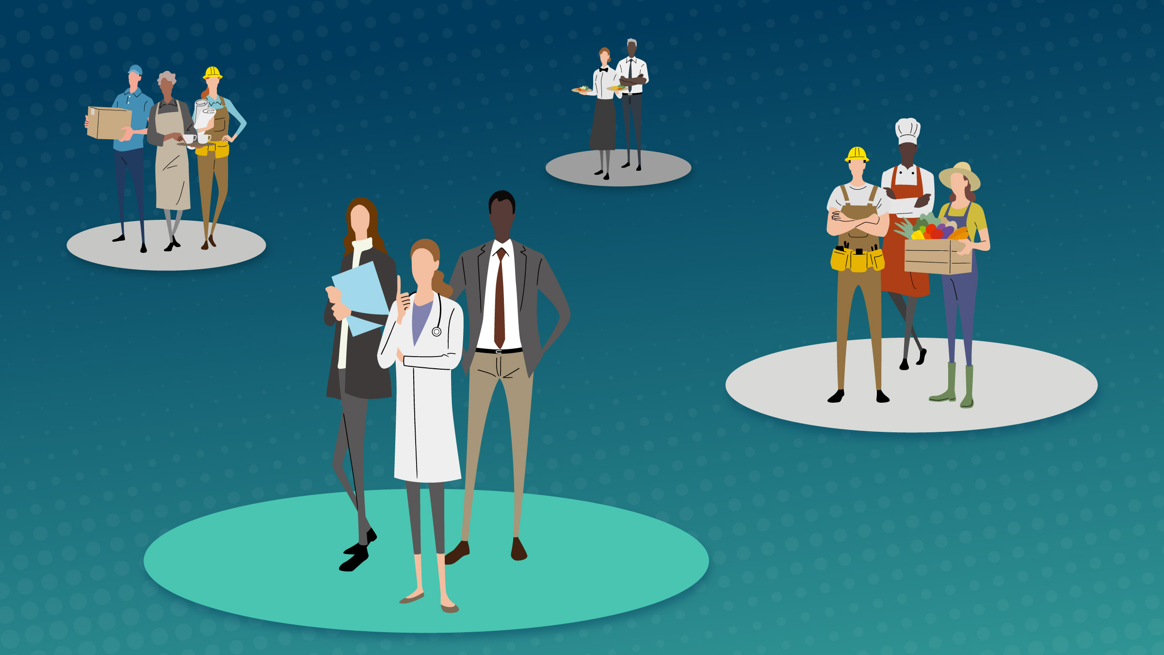 Groups of workers in different industries representing differing levels of AI adoption