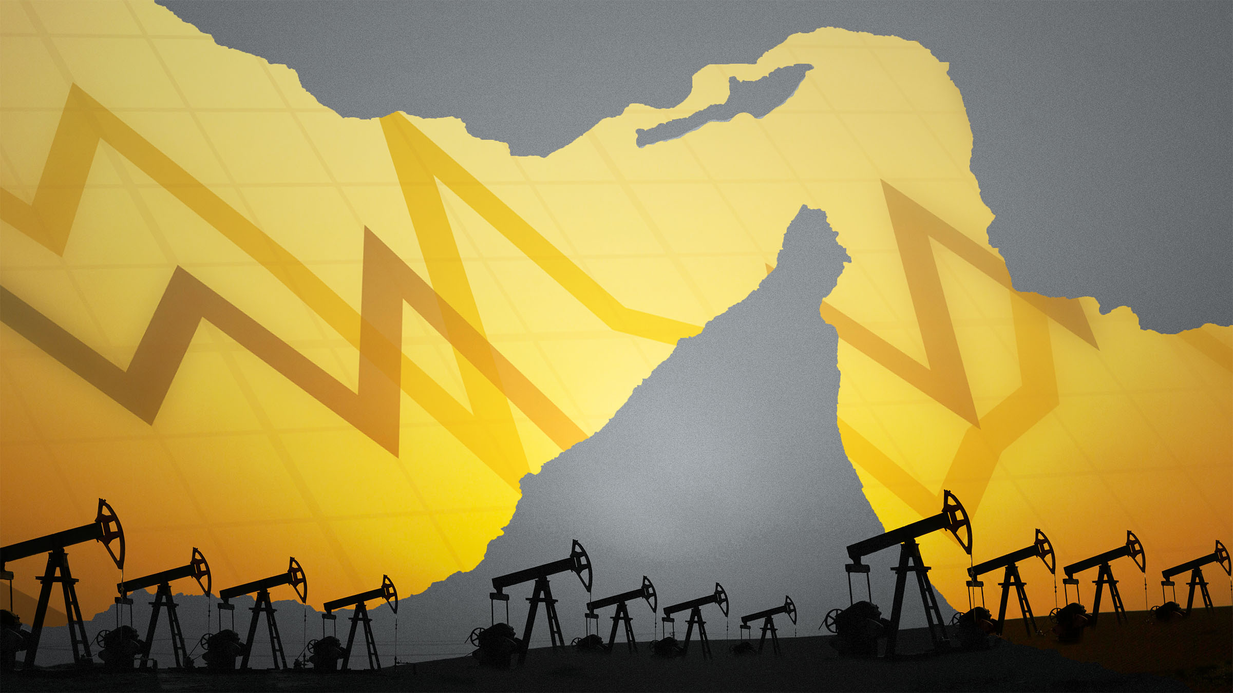 Oil derricks in the foreground, Strait of Hormuz and a chart in the background