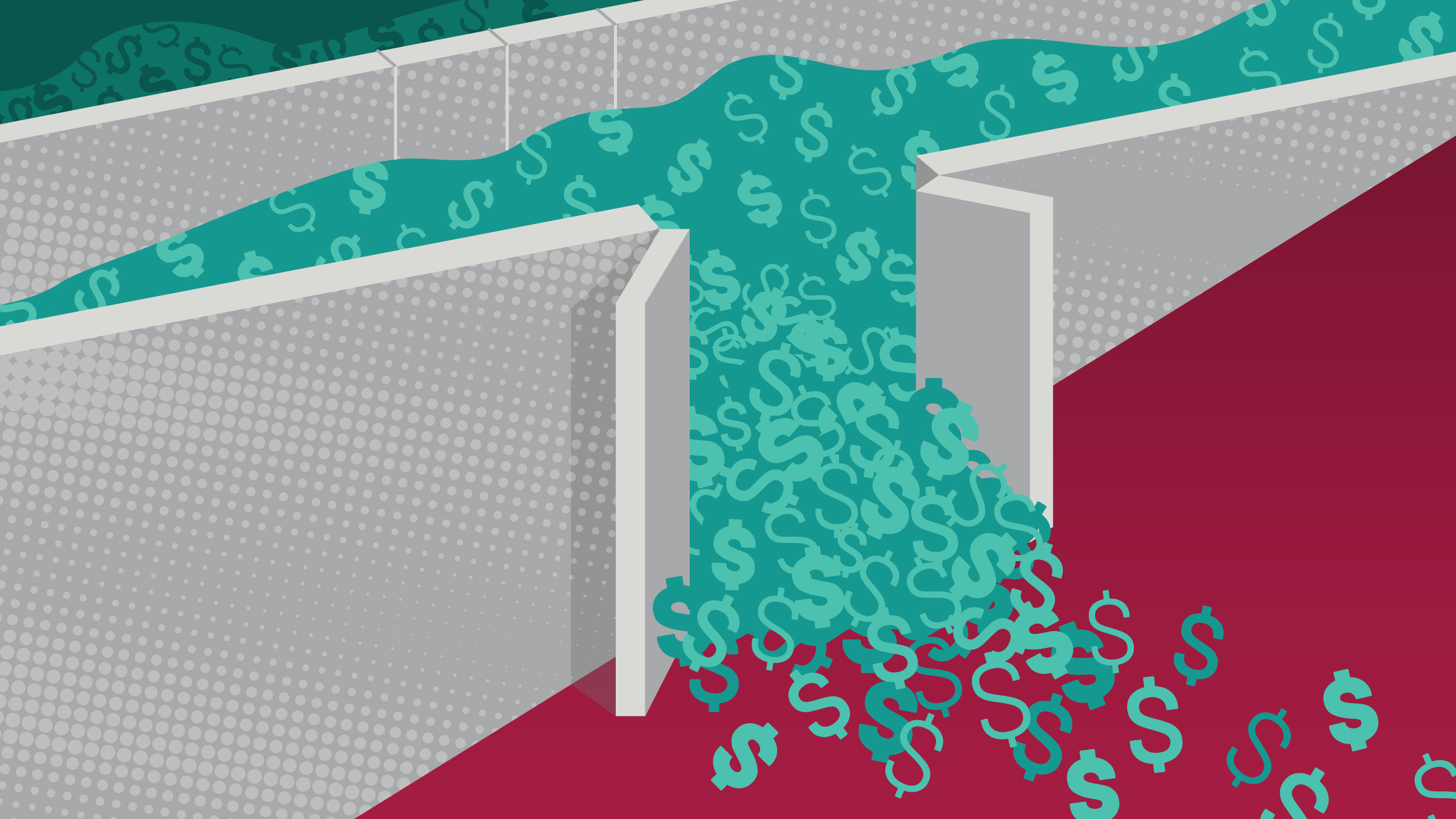 Piles of dollar signs held back by floodgates, one gate is open with dollar symbols spilling out onto a field of red