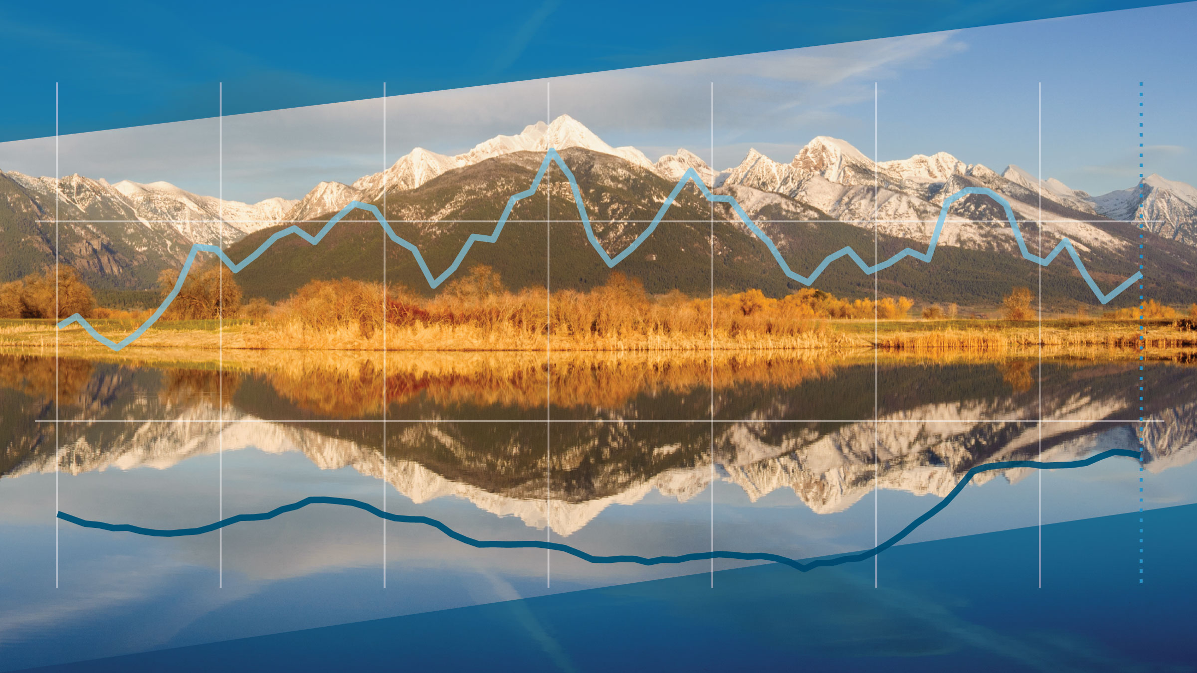 On a sunny fall day, snow-capped mountains are reflected on the surface of a perfectly calm lake. A chart image with trend lines that mimic the contours of the mountains and their reflection is superimposed over the landscape image.