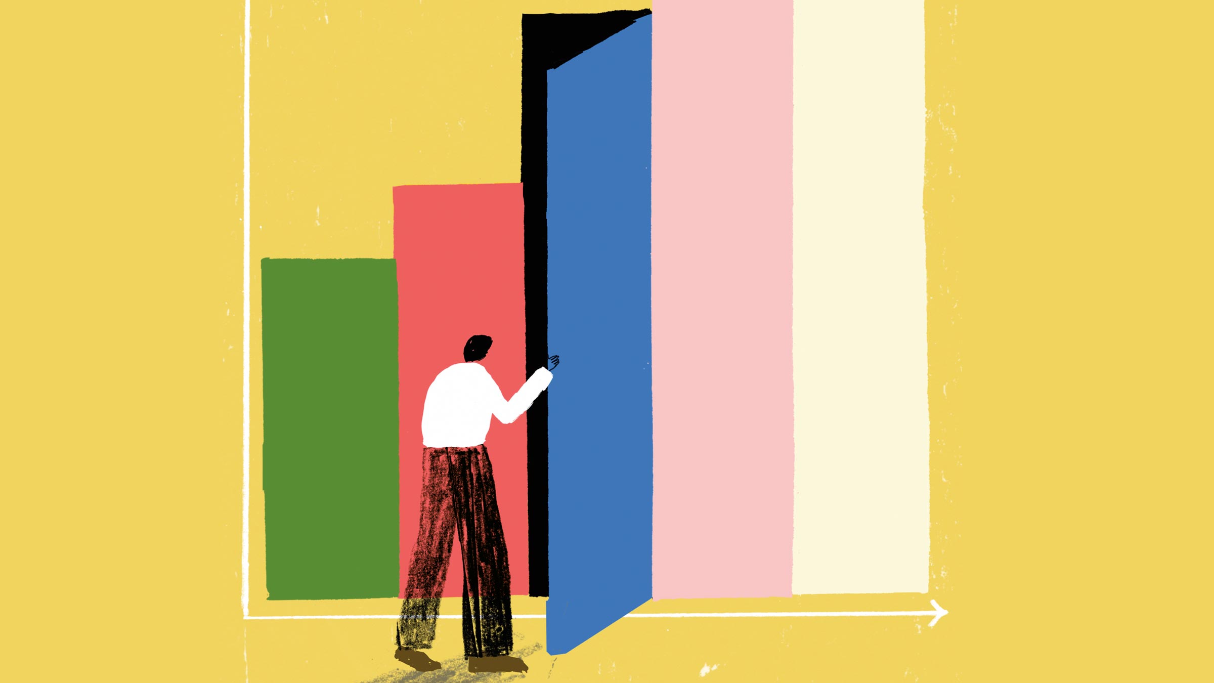 illustration of man entering a door that is a column on a chart