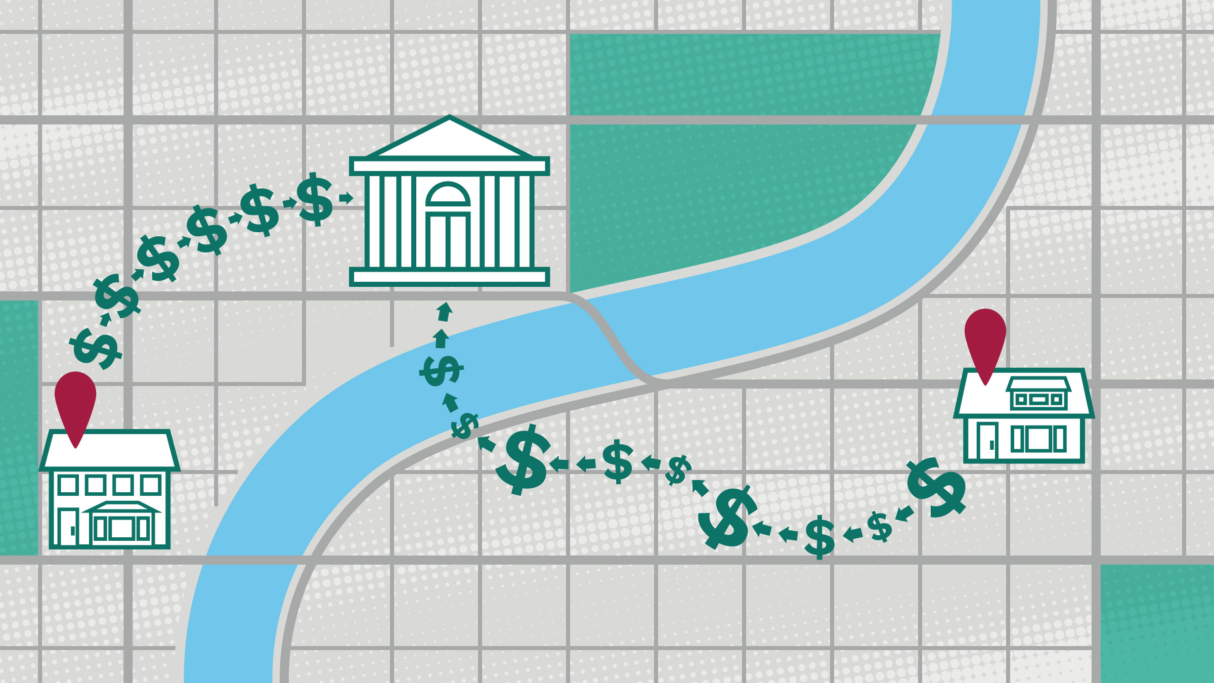 Simple town map featuring a house with a steady flow of money to the bank and another house with an irregular flow of money to the bank
